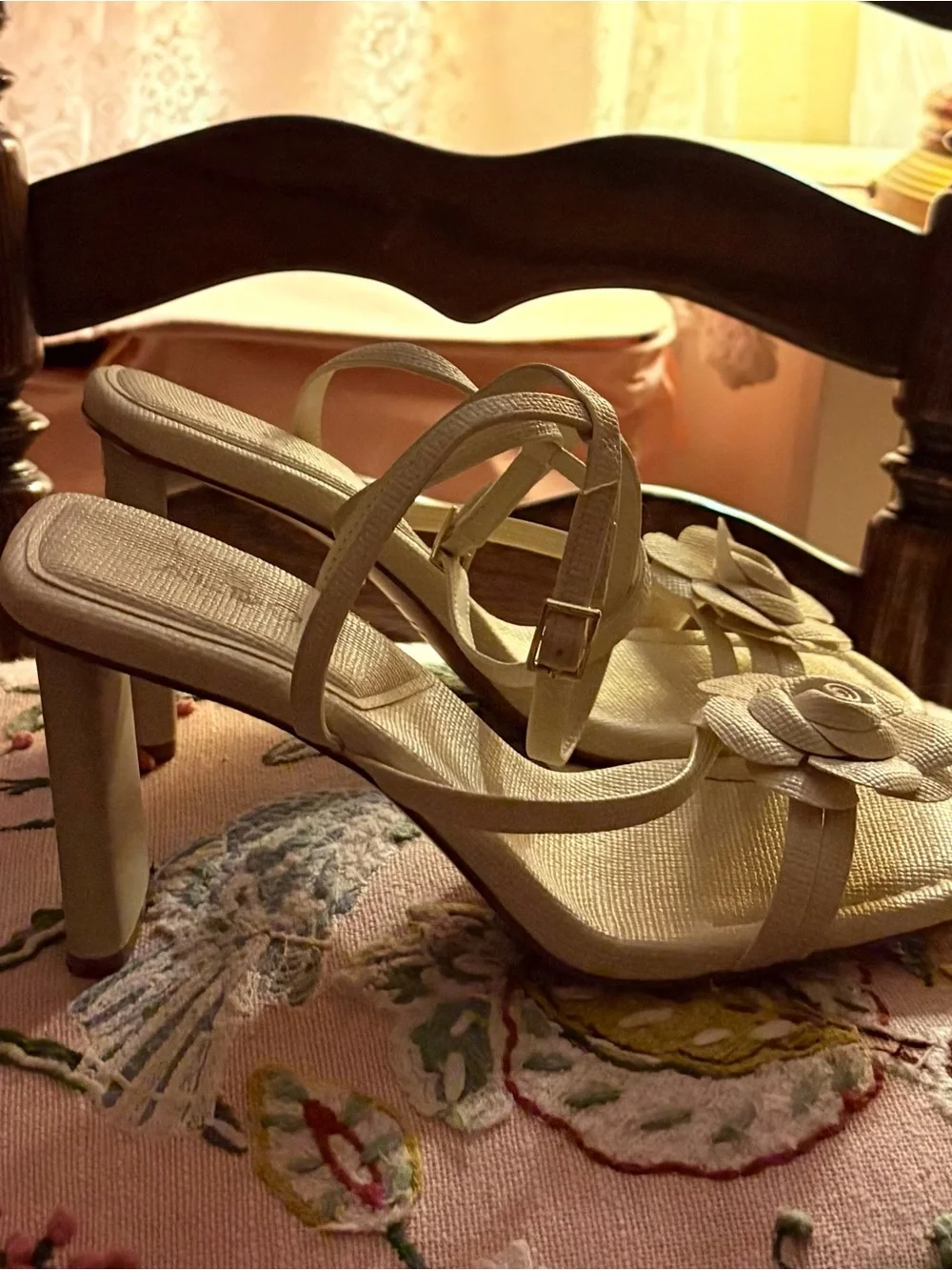 ALDO Cream Floral Strappy Block Heel Sandals
